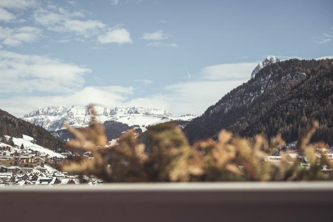 The view from Cavallino Bianco Dolomiti ski hotel.
