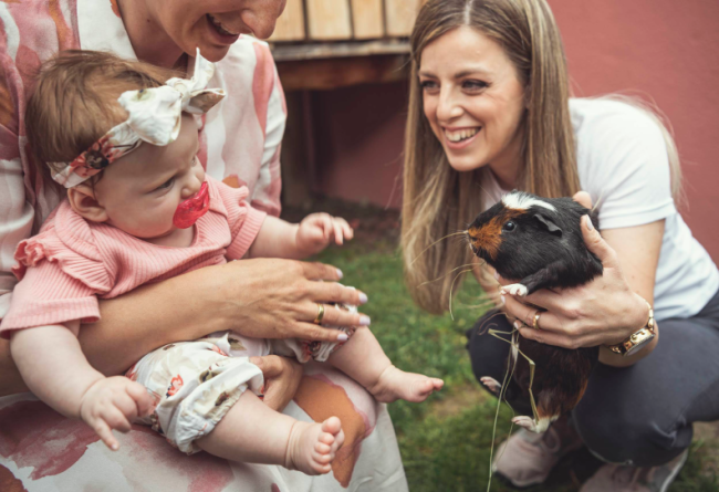 Neonata in braccio alla mamma gioca con furetto.