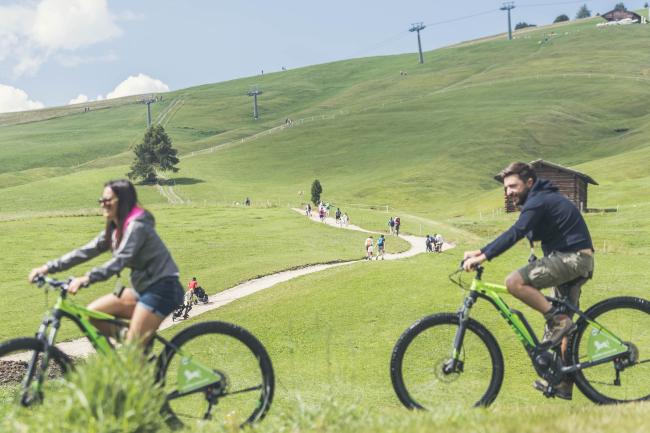 Escursionisti in bici in montagna d'estate.