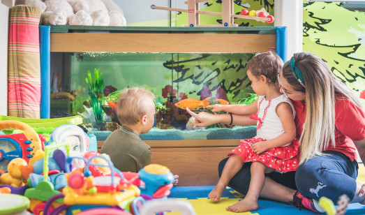 Erzieher mit Kindern im Hotel zeigen die Fische im Aquarium.
