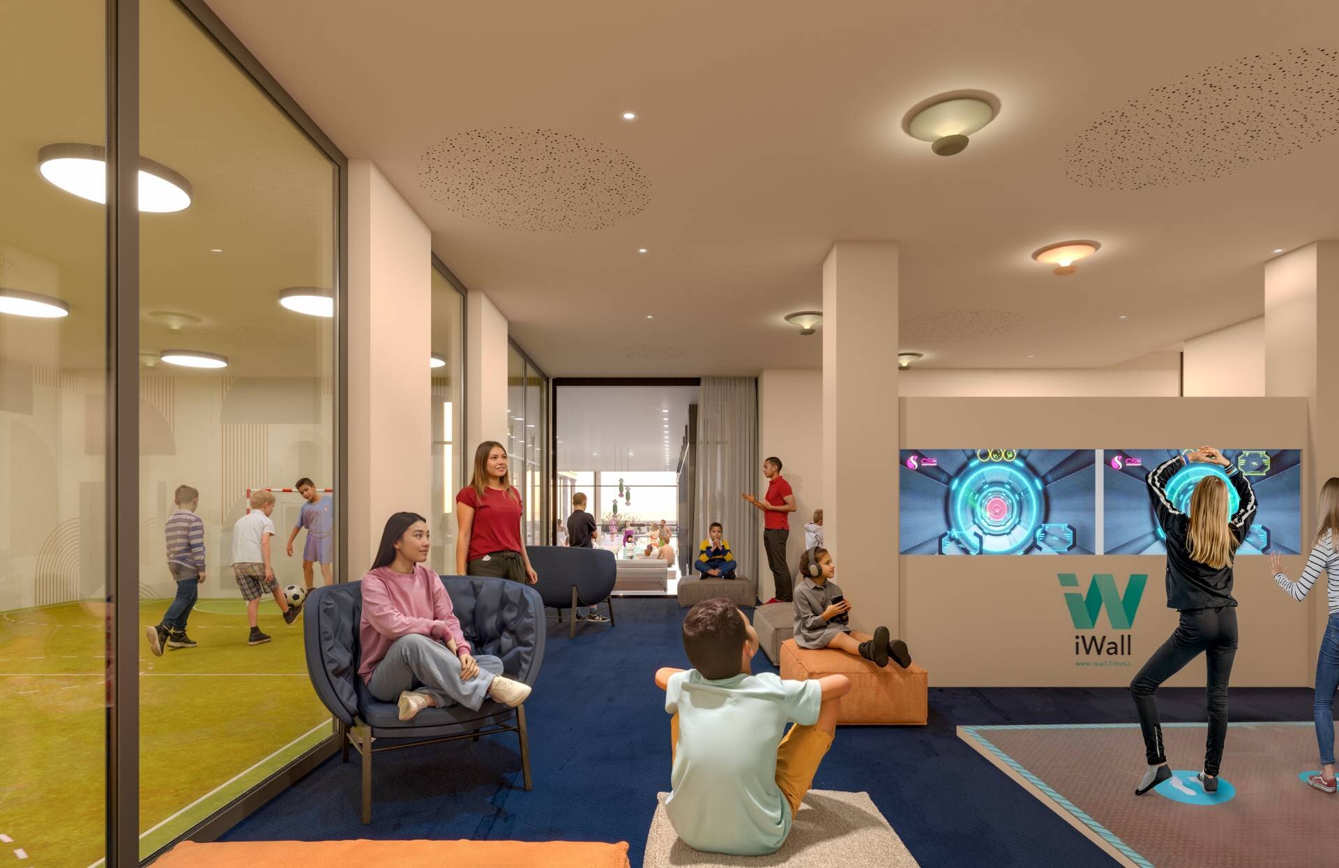 Ragazzi e ragazze fanno attività di gruppo negli spazi gioco per adolescenti dell'hotel.