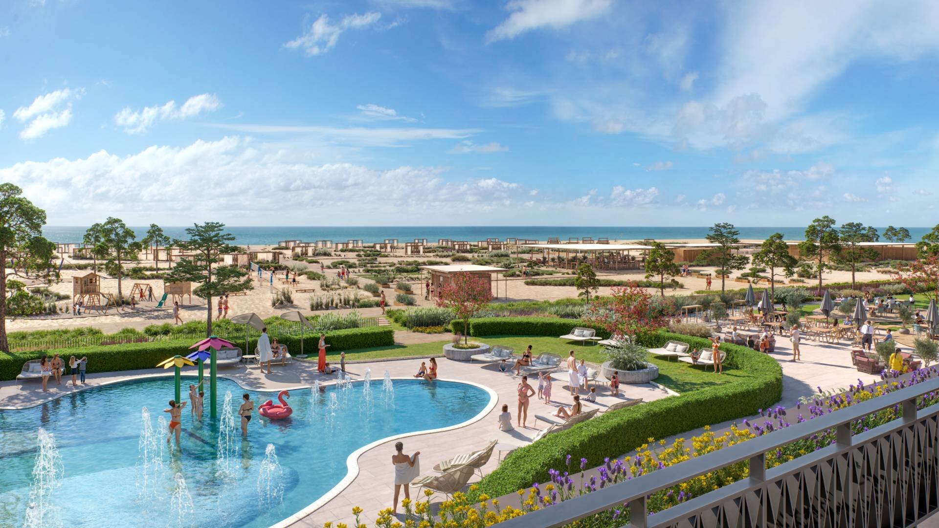 Vista di piscine e litorale dal balcone del family hotel veneto mare Cavallino Bianco.