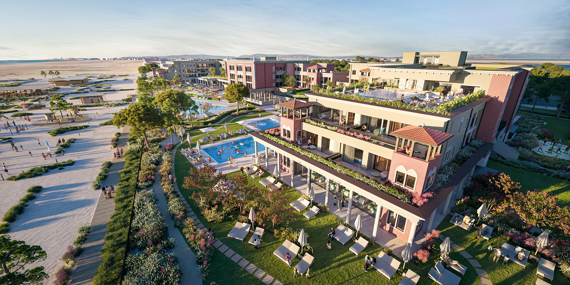 Veduta aerea del luxury family hotel Cavallino Bianco Caorle - Venezia.